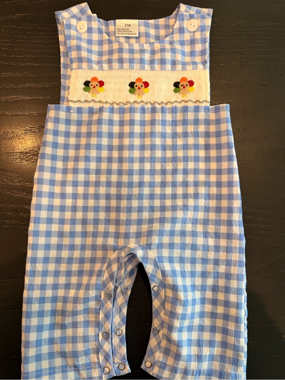EUC Thanksgiving Blue Gingham Smocked Baby Romper with Embroidered Motif 3M